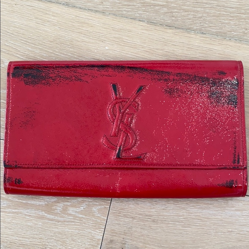 YSL red patent clutch